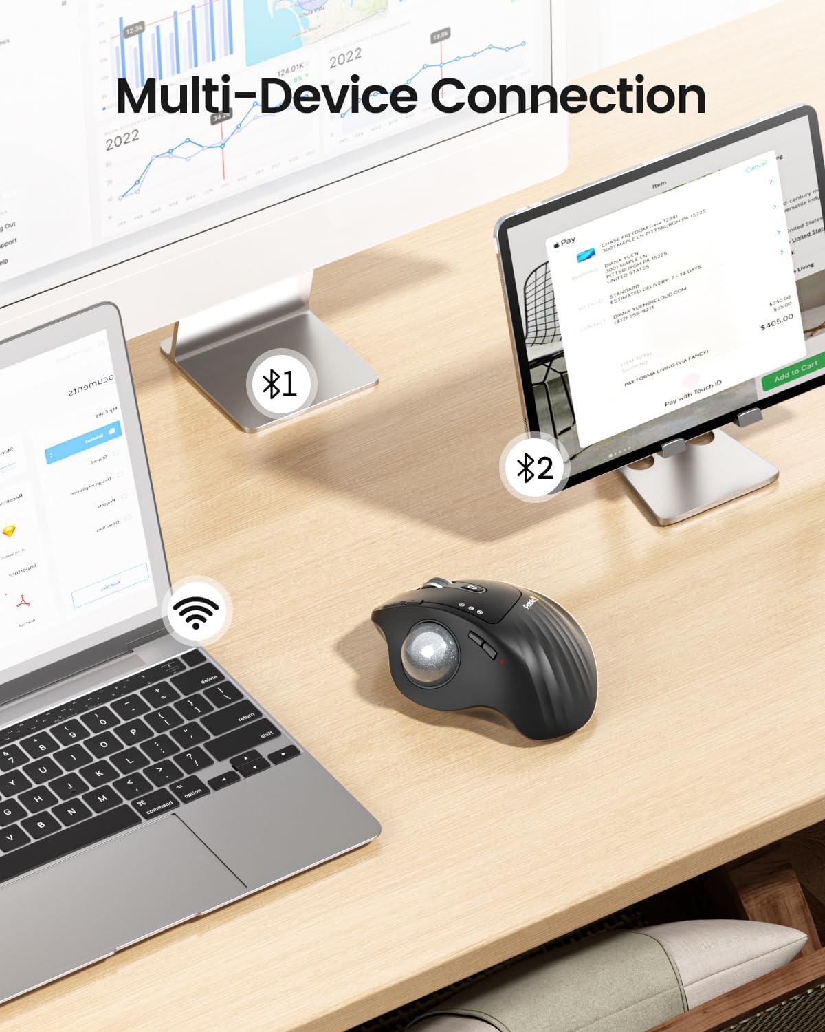 ProtoArc Wireless Trackball Mouse, EM01 NL Ergonomic Bluetooth Rollerball Thumb Rechargeable Computer Laptop Mouse, Adjustable Angle & 3 Device Connection for PC, Mac, Windows-Silver Ball