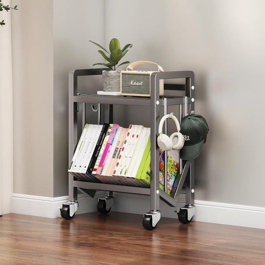 Bookshelf Movable Book Cart Multi-Layer Storage Rack Large-Capacity Rolling Cart L-Shaped Carbon Steel Shelf Suitable for Storing Books, Magazines, Newspapers, Shoes