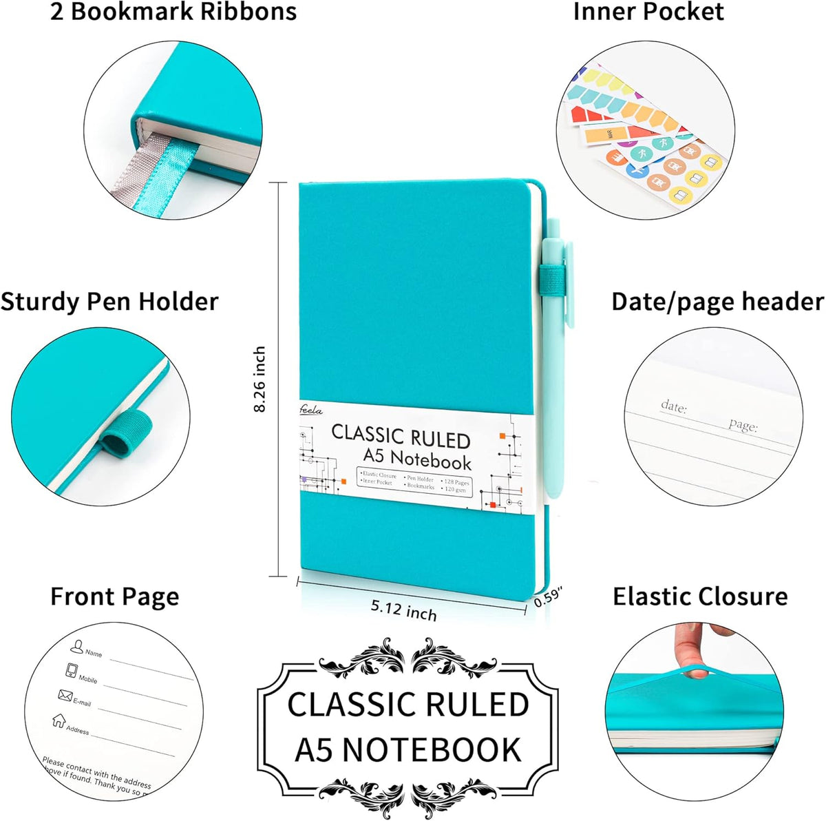 feela 12 Pack Notebooks Journals Bulk with 12 Black Pens, A5 Hardcover Notebook Classic Ruled Journal Set with Pen Holder for School Business Work Travel Writing, 120 GSM, 5.1”x8.3”, Emerald