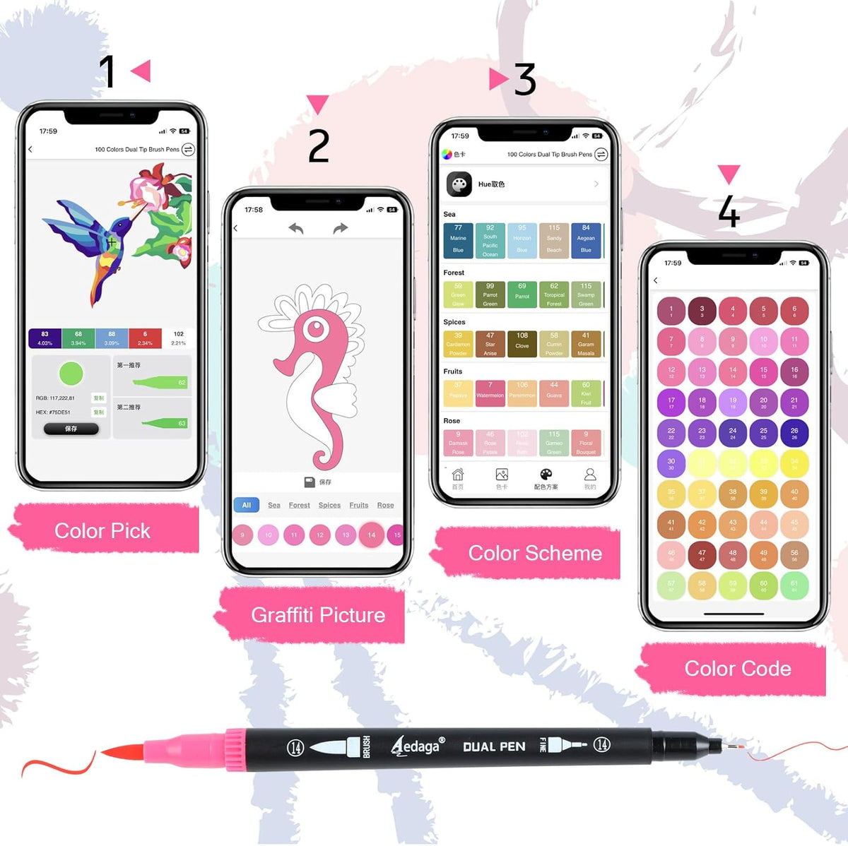 100 Colors Numbered Dual Tip Brush Pens with Free App, Fine and Brush Tips Pens for Adults and Kids, Coloring Markers for Coloring Book Bullet Journaling Note Taking Planner Hand Lettering