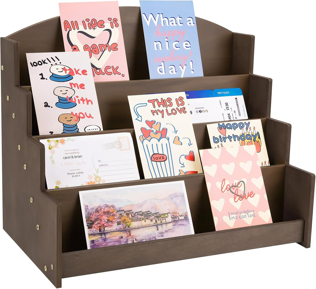 4 Tier Wooden Greeting Card Display Stand, Sticker Organizer Rack, Retail Photos Shelf for Vendors Craft Collection, Retail Stores, Postcards, Jewelry, Snacks, Brown