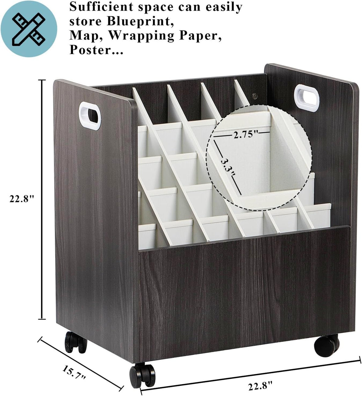 Blueprint Storage Cabinet, Wooden Mobile Blueprint Holder for Roll File, Construction Plan Holder for Office, 30 Slots