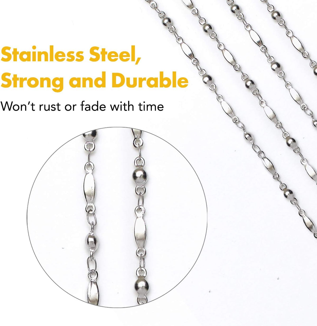Hidden Hollow Beads Stainless Steel Chain Women's Lanyard, Strong Breakaway Clasp, Made in USA Teacher ID Badge Card Holder Keys Keyring