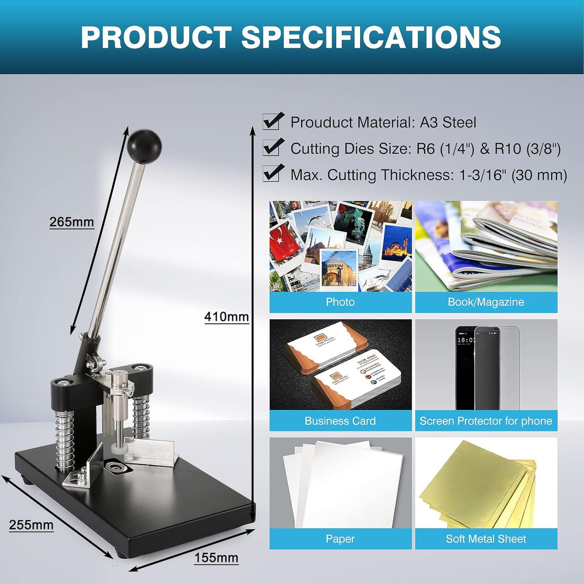 IRONWALLS Corner Rounder Punch Heavy Duty, 1.2”/30mm Thickness Manual Corner Rounder Paper Punch Cutter with R6mm R10mm Interchangeable Dies for Heavy Cardstock, Plastic, Aluminum Sheet