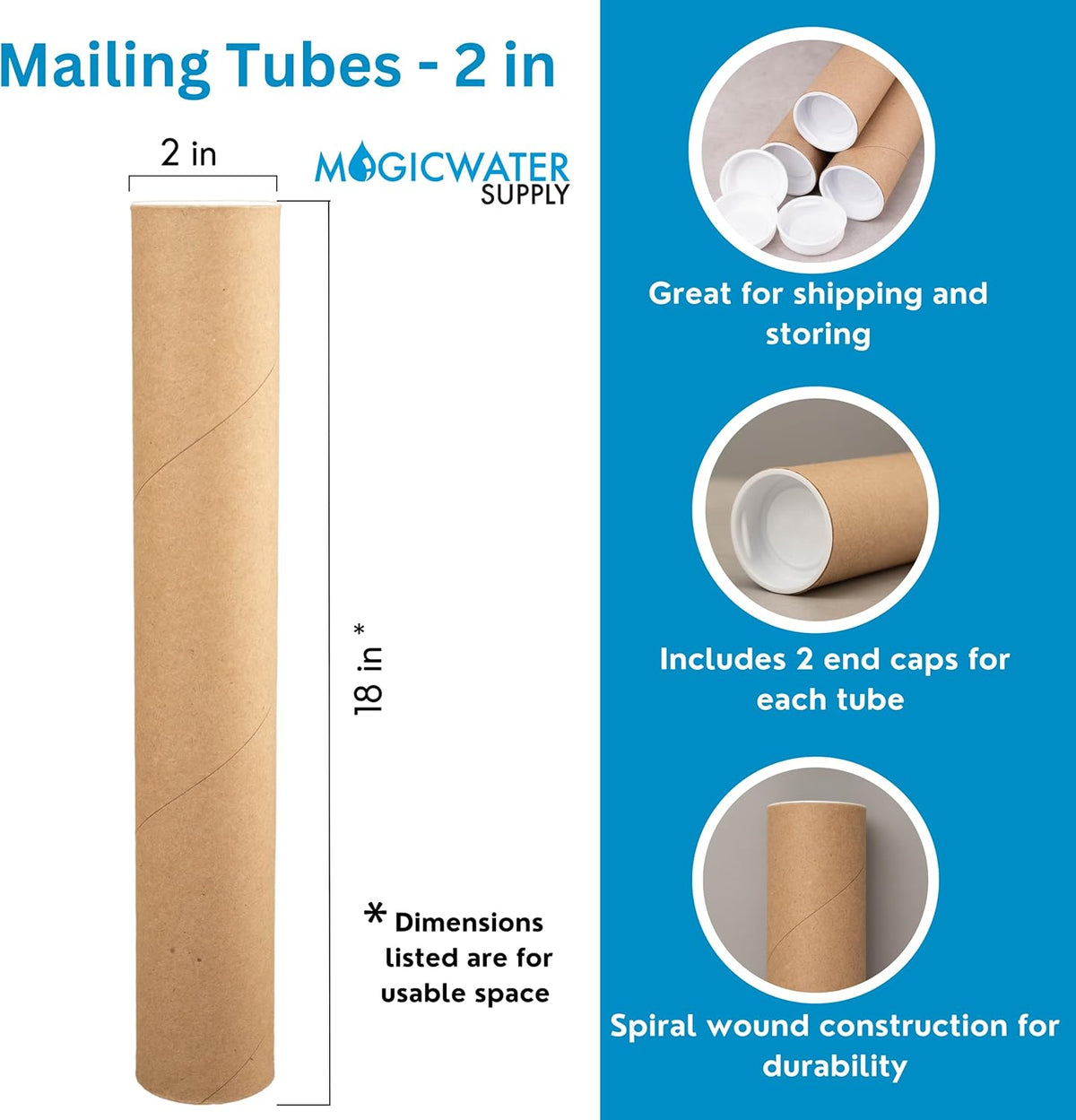 MagicWater Supply Mailing Tube - 2 in x 18 in - Kraft - 4 Pack - for Shipping and Storage of Posters, Arts, Crafts, and Documents