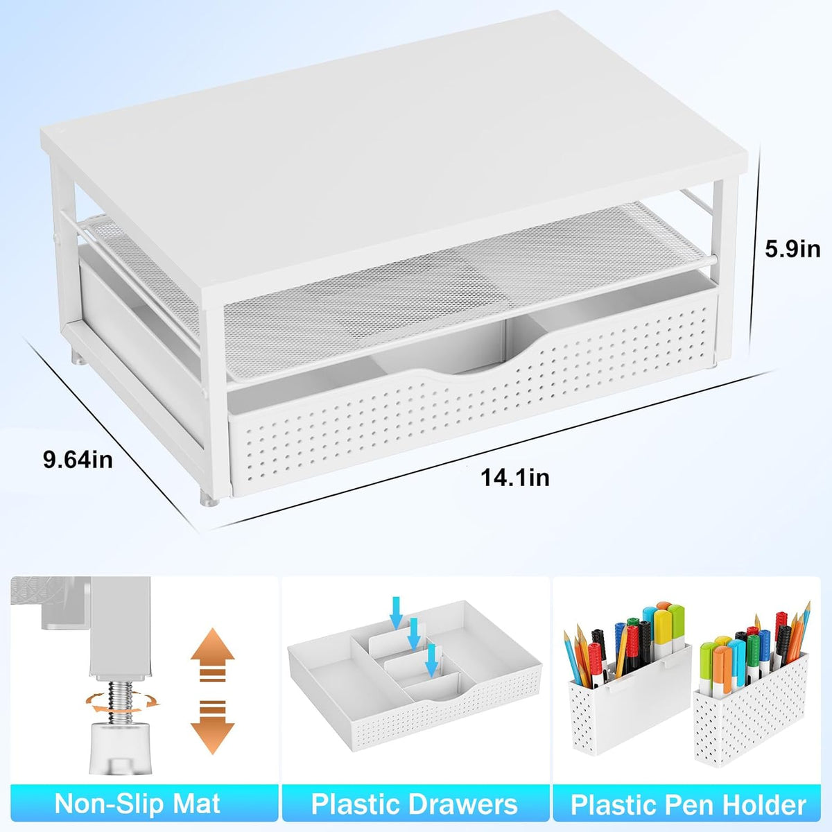 gianotter Wood Monitor Stand Riser, Office Desk Shelf Organizer, Desk Organizer with Drawer and Pen Holder, 2-Tier Computer Stand, Office Organization (Matte White)