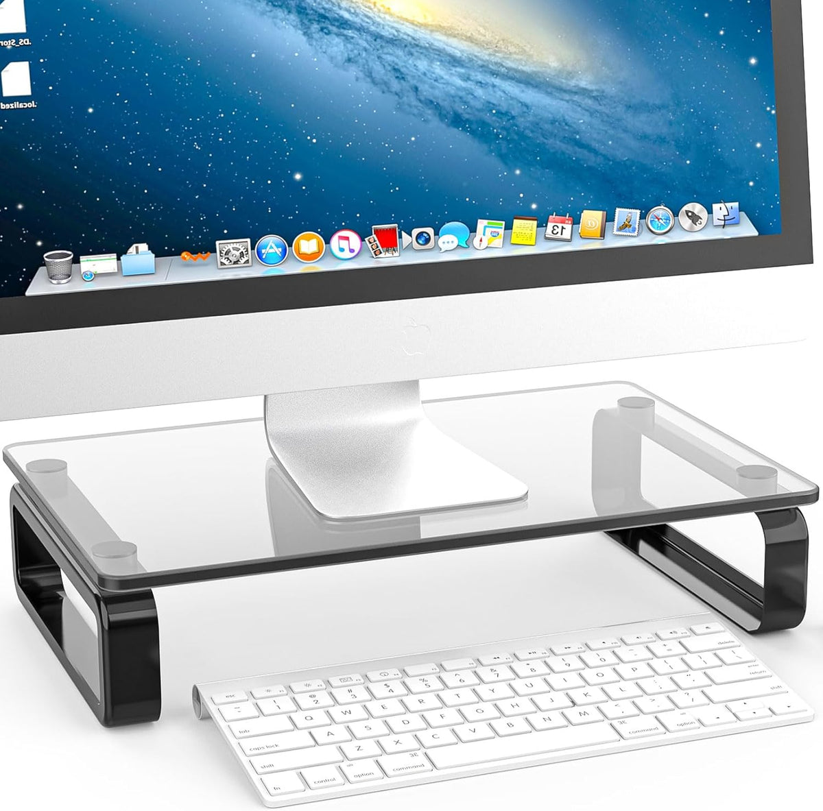 Hemudu Computer Monitor Stand Riser Multi Media Desktop Stand for Flat Screen LCD LED TV, Laptop/Notebook, with Tempered Glass and Metal Legs, Black HD02B-001U