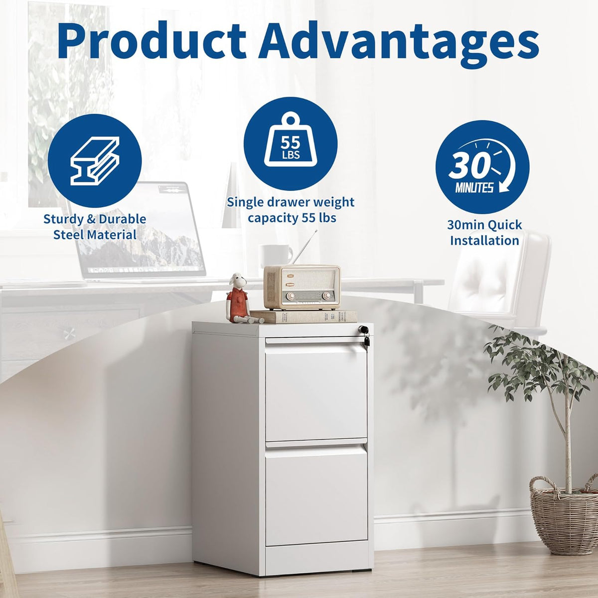 2-Drawer Locking Vertical File Cabinet, Metal Storage Cabinet for Office/Home – Secure Vertical Filing for Letter/Legal/A4/F4 Documents, Easy to Assemble Steel Cabinet (White, 2 Drawer-28 H)