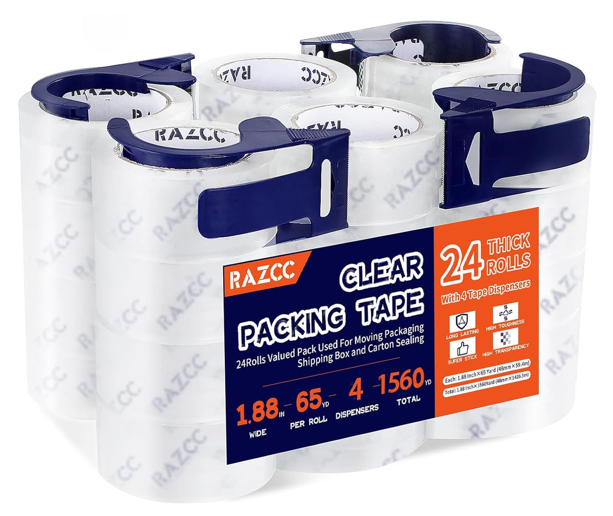 Packing Tape, 24 Rolls Clear Heavy Duty Packaging Tape with Dispensers for Packing Shipping Moving Mailing, Thicker Sealing Tape -1.88" x 65 Yards Per Roll, 1560 Total Yards