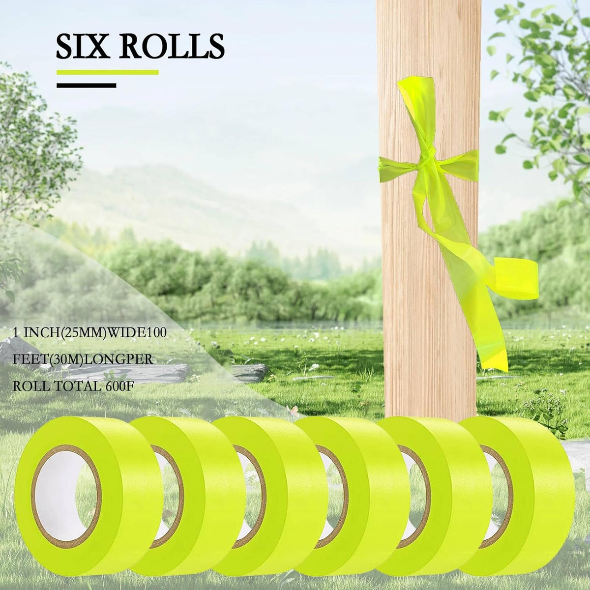 6 Pack Yellow Flagging Tape, Non-Adhesive Plastic Ribbon Neon Marking Roll, 1inch*600ft, Marking Tape for Tree Marking, Hunting, Boundaries and Hazardous Areas,Trail Marking