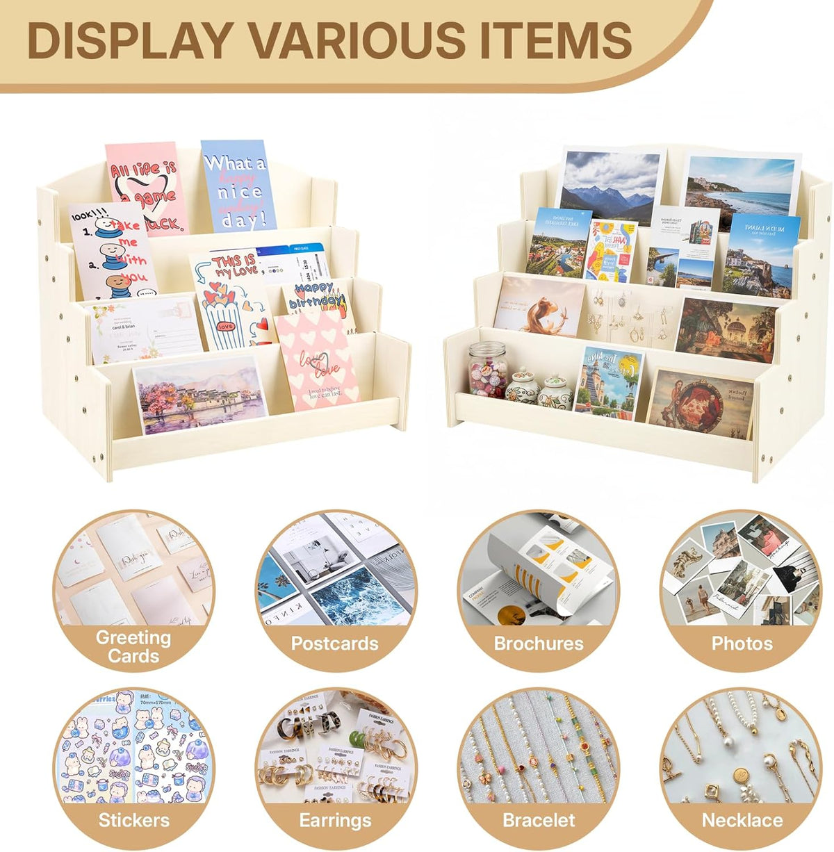 4 Tier 1Pc Wooden Greeting Card Display Stand, Sticker Organizer Rack, Retail Photos Shelf for Vendors Craft Collection, Retail Stores, Postcards, Jewelry, Snacks