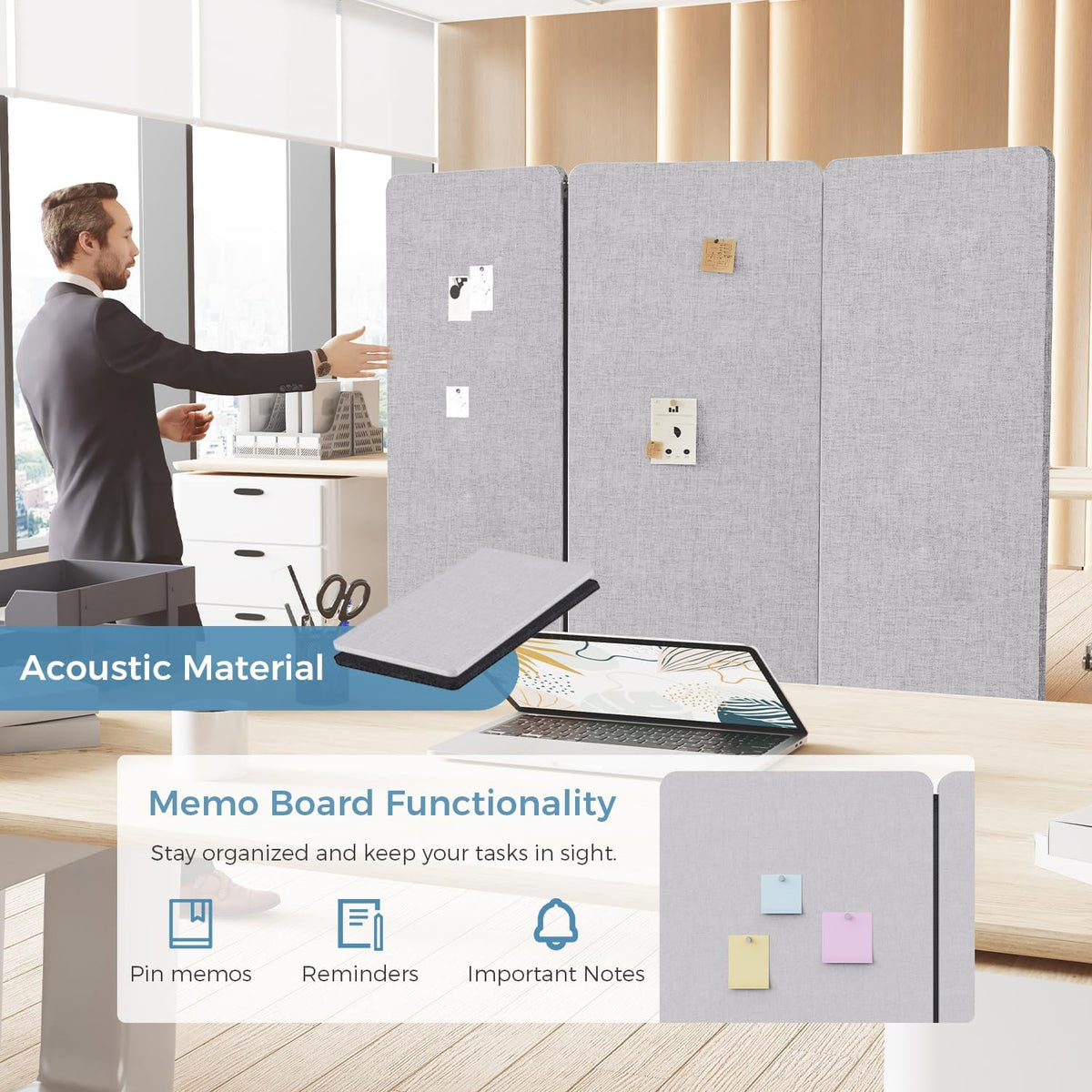 70.8" W x 63" H Freestanding Partition Room Dividers, Acoustic Panels with Wheels, 3 Soundproof Privacy Panels for Office, Reception Room, School, Hospital, Light Grey