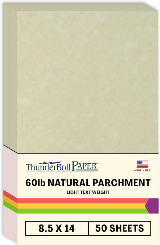 50 Natural Parchment 60# Text (=24# Bond) Paper Sheets - 8.5 X 14 inches Legal Size - 60 Pound is Not Card Weight - Vintage Colored Old Parchment Semblance