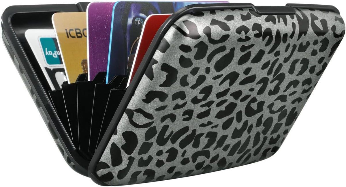 ELFISH Mini RFID Aluminum Wallet Credit Cards Holder Business Card Case Metal ID Case for Men Women(Black Leopard Print)
