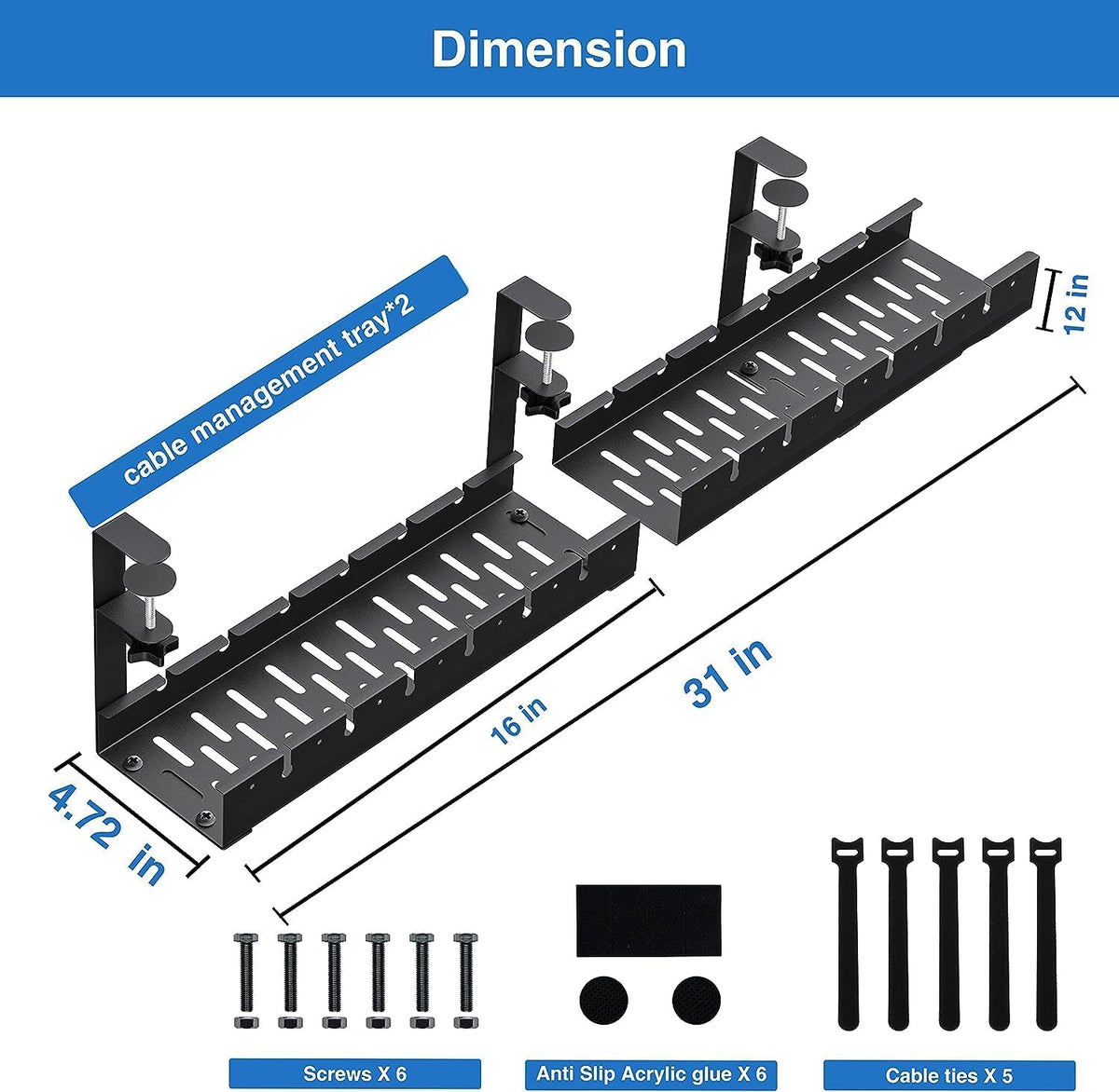 No Drilling Extendable Under Desk Cable Management, Metal Cable Management Tray Under Desk with Clamp, Retractable Power Strip Cord Holder for Wire Management 31Inch (2 Pack Extendable 31')