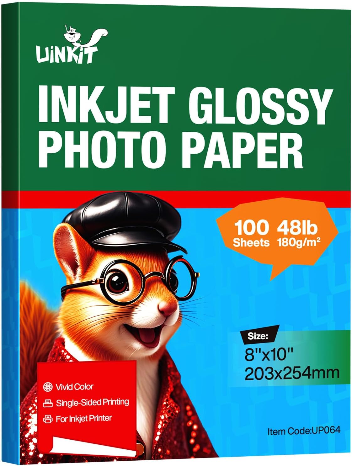 Uinkit Premium Glossy Inkjet Photo Paper - 8x10 Inch, 48lb 180gsm, 100 Sheets - Professional Photographic Quality, Dye Ink Compatible, High-Gloss Finish for Vivid Photos & Sharp Details