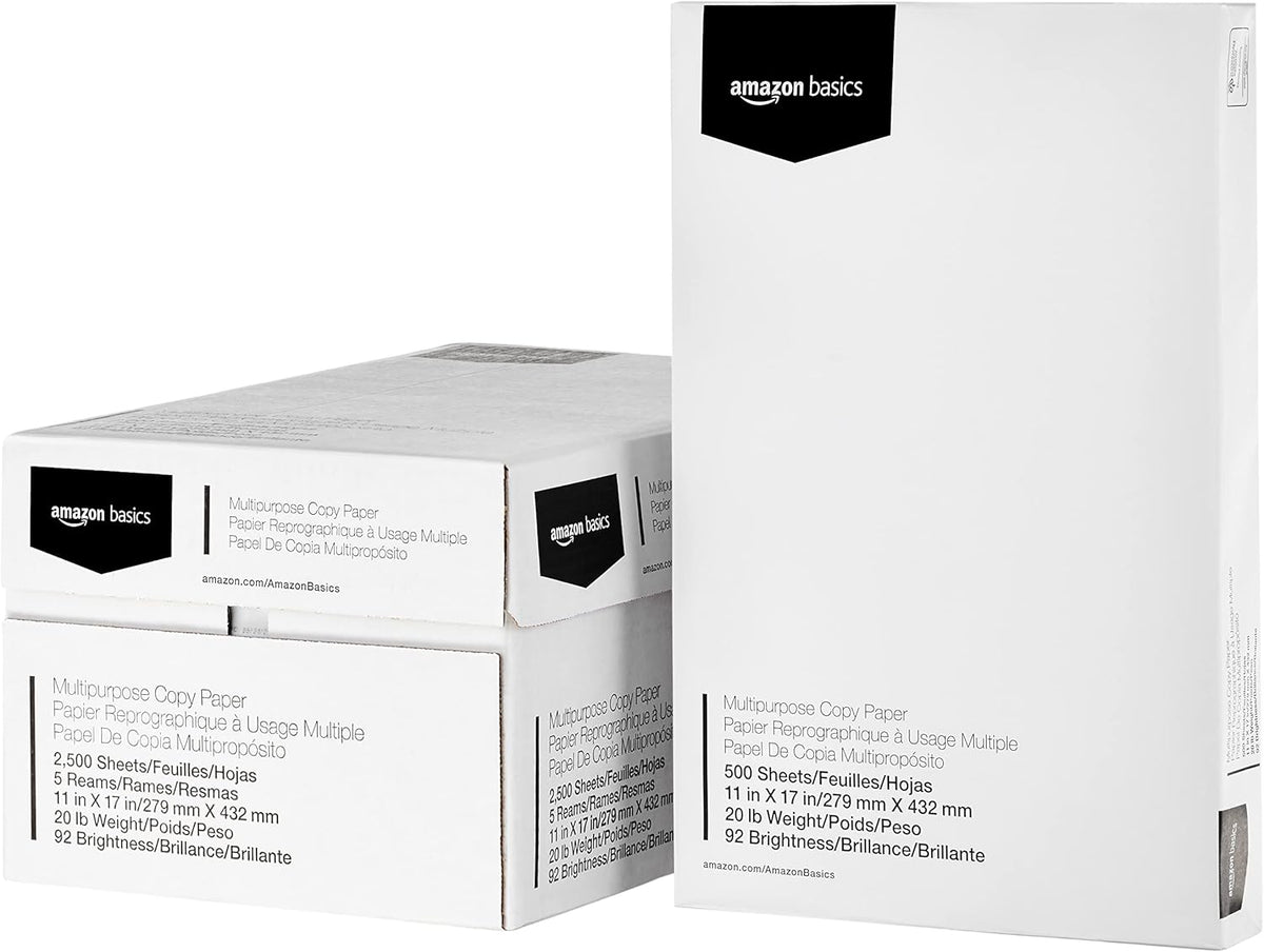 Amazon Basics Multipurpose Copy Printer Paper, 20 lb, 11 x 17 Inches, 5 Reams (2,500 Sheets), 92 Bright, White