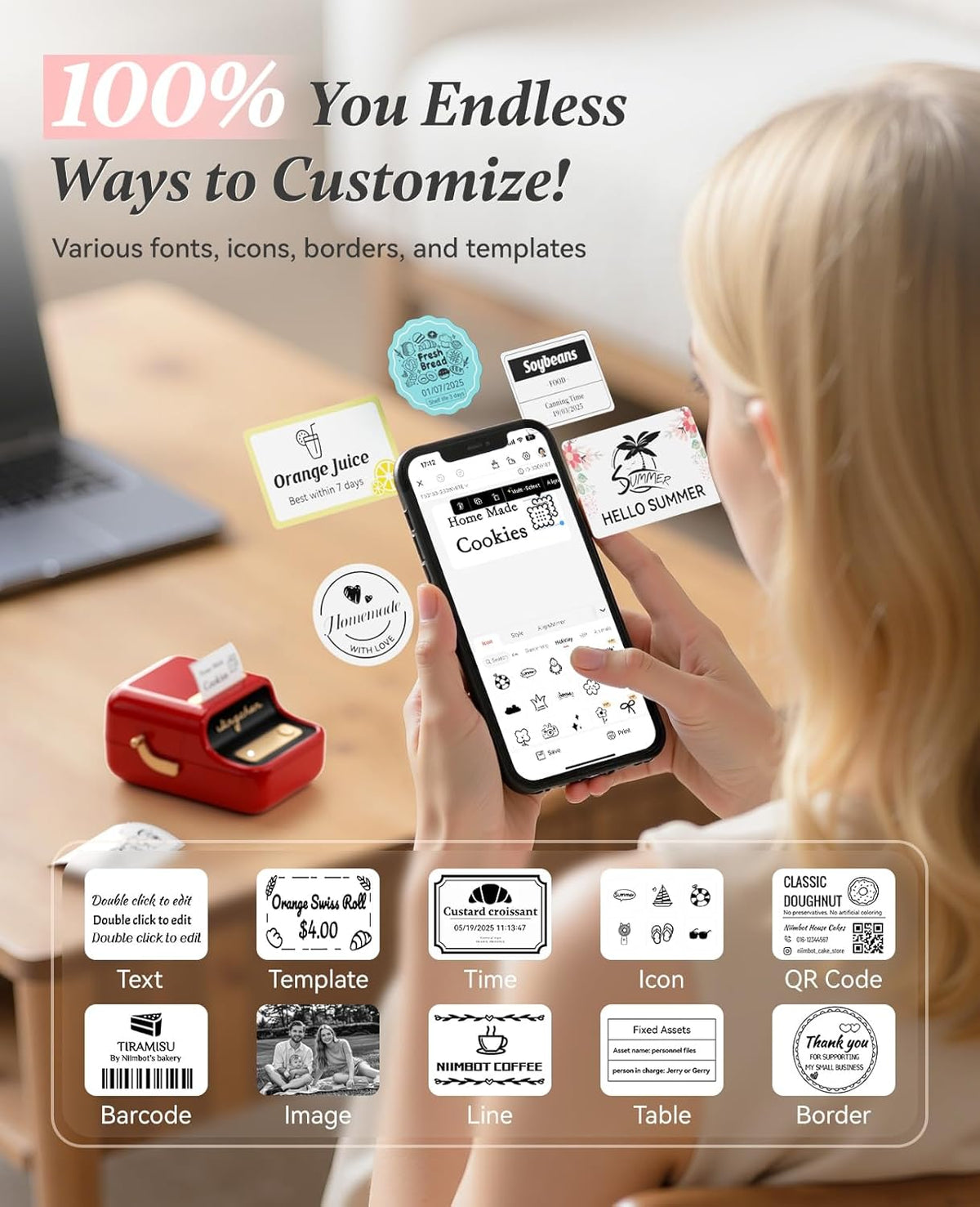 NIIMBOT B21 Label Printer,Bluetooth Thermal Label Maker,Ideal for Home Organization,Business,Ofice,50x30mm Labels,230Pcs(Red)