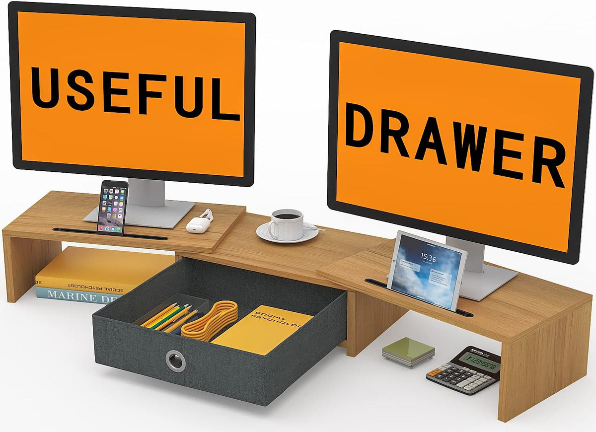 WESTREE Dual Monitor Stand Riser with Drawer - Adjustable Length and Angle, 2 Phone Hold, Desktop Organizer for Computer/Laptop/PC/Printer