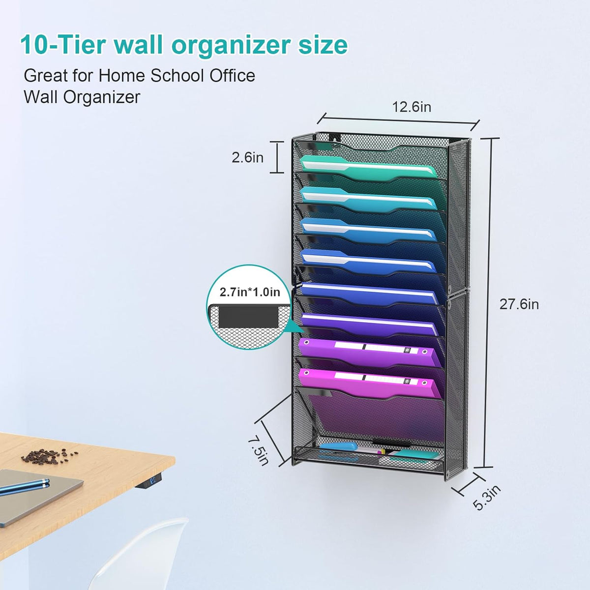 10 Tier Hanging Wall File Organizer, Wall File Holder Organizer Mounted Letter Mail Magazine File Rack With Flat Tray For Office Home School, Black