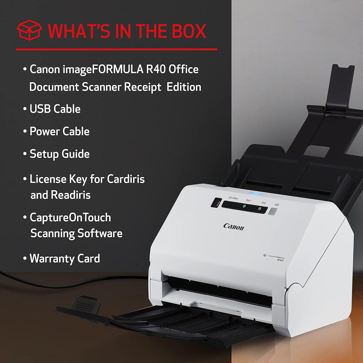 Canon imageFORMULA R40 Office Document Scanner Receipt Edition, for PC and Mac, Scan & Extract Data to QuickBooks Online, Color Duplex Scanning, Auto Document Feeder, Easy Setup for Office Or Home Use