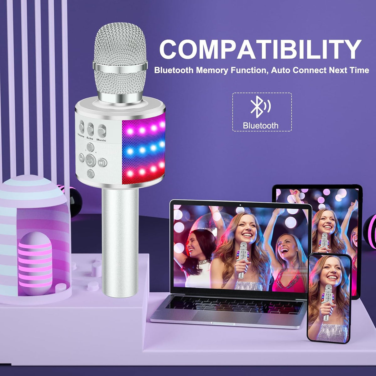 BONAOK Karaoke Microphone for Kids & Adults - Bluetooth Microphones Singing Mic with Disco Lights, Echo Effect, Built-in Speaker Portable Karaoke Player for Party Travel Gifts Q78(Silver)