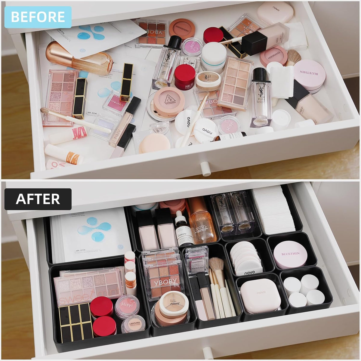 11-Piece Stackable Drawer Organizer Set, Multi-size Desk Drawer Organizer Trays Vanity Storage Bins for Storing Makeup, Stationery, Utensils in Bathroom Dresser, Office and Kitchen