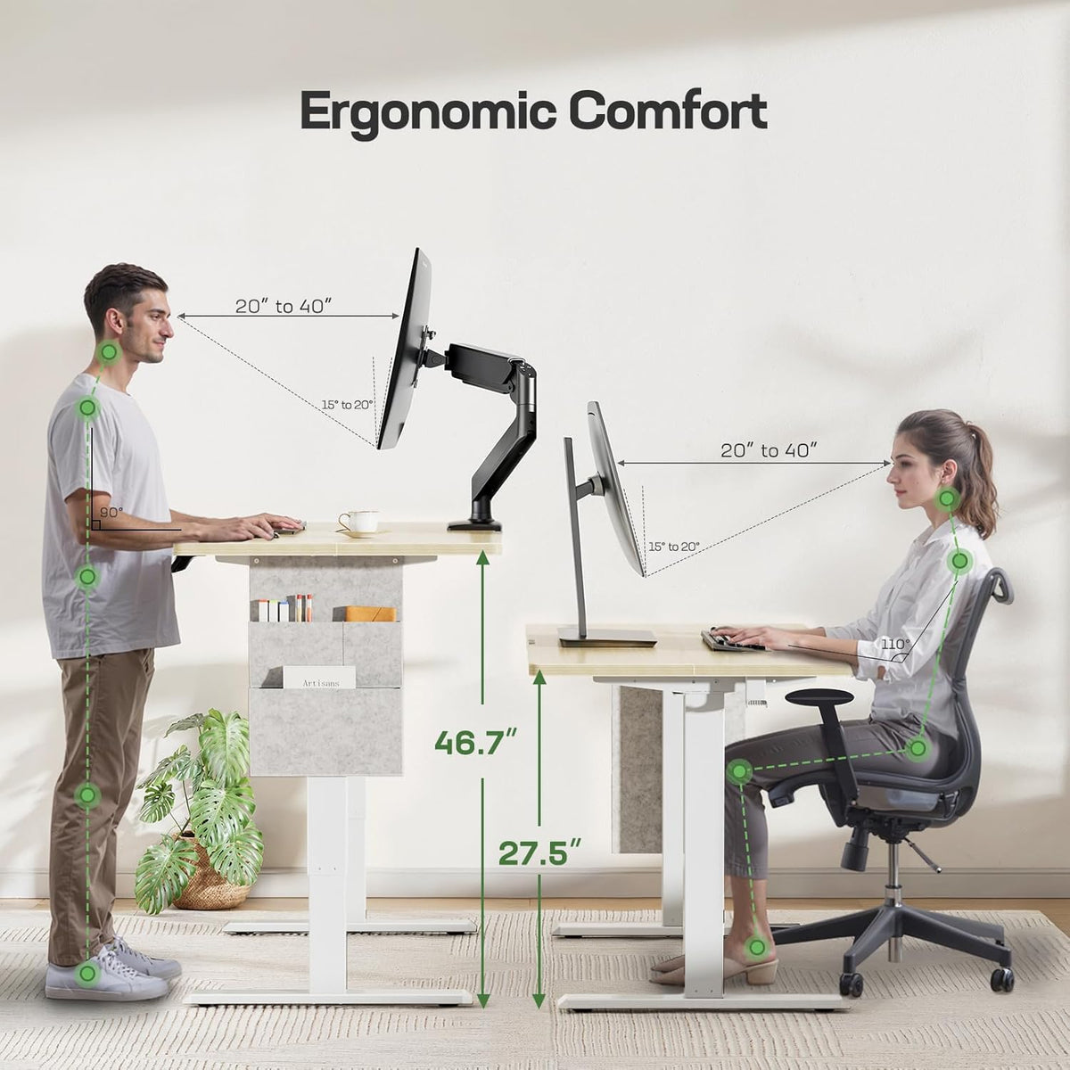 Marsail 40x24 Electric Standing Desk - Adjustable Height Computer Desk with Memory Presets, Storage Bag & Cable Management for Home Office & Gaming Workstations