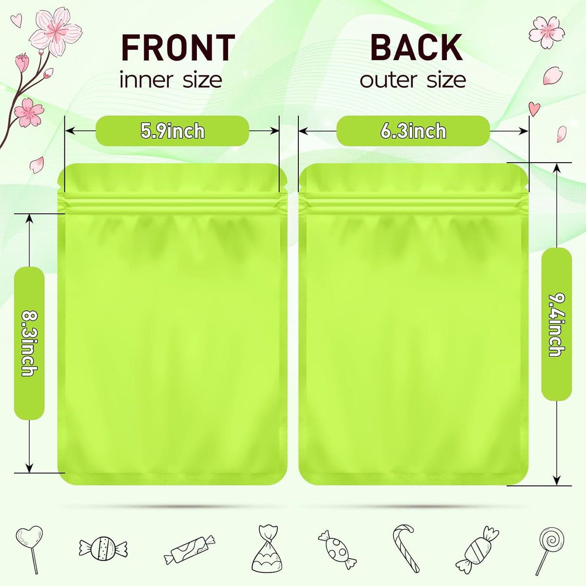 Funfery 100 Pack Green Mylar Packaging Bags Resealable Bags Double Sided Color Odor Proof Pouch Baggies Smell Proof Foil Bag for Food Storage,Small Business(Green,6.3x9.4inch)
