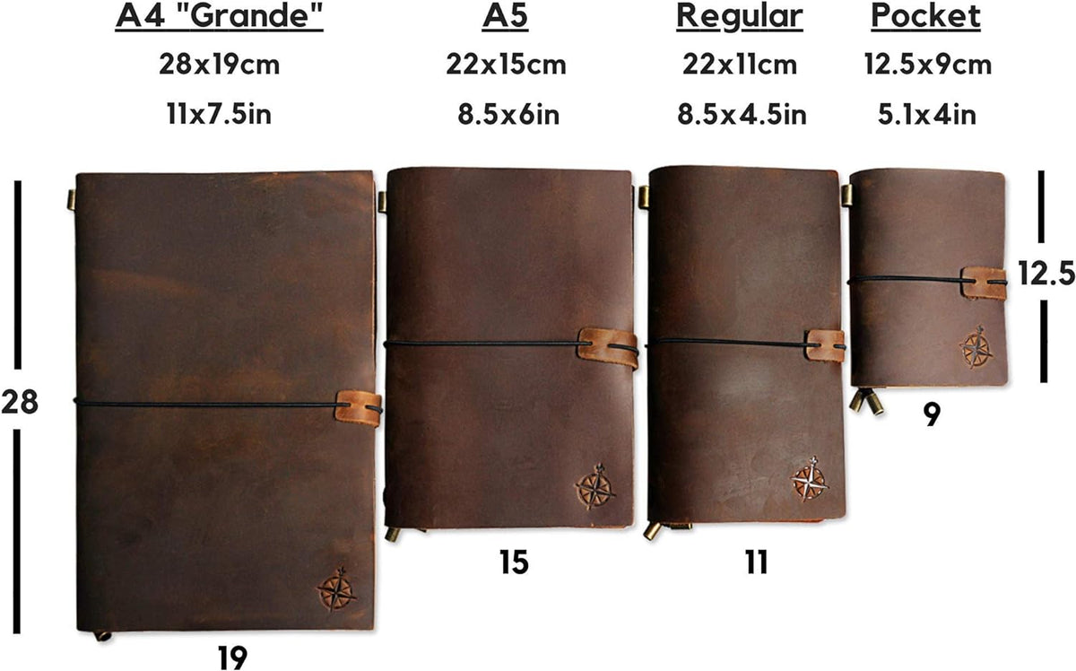 WANDERINGS Pocket Notebook - 4" x 5.1" / 10cm x 13cm - Small, Passport Size Refillable Travelers Notebook - A Beautifully Handcrafted, Rugged and Leather Pocket Journal. Includes 80 GSM Blank Inserts