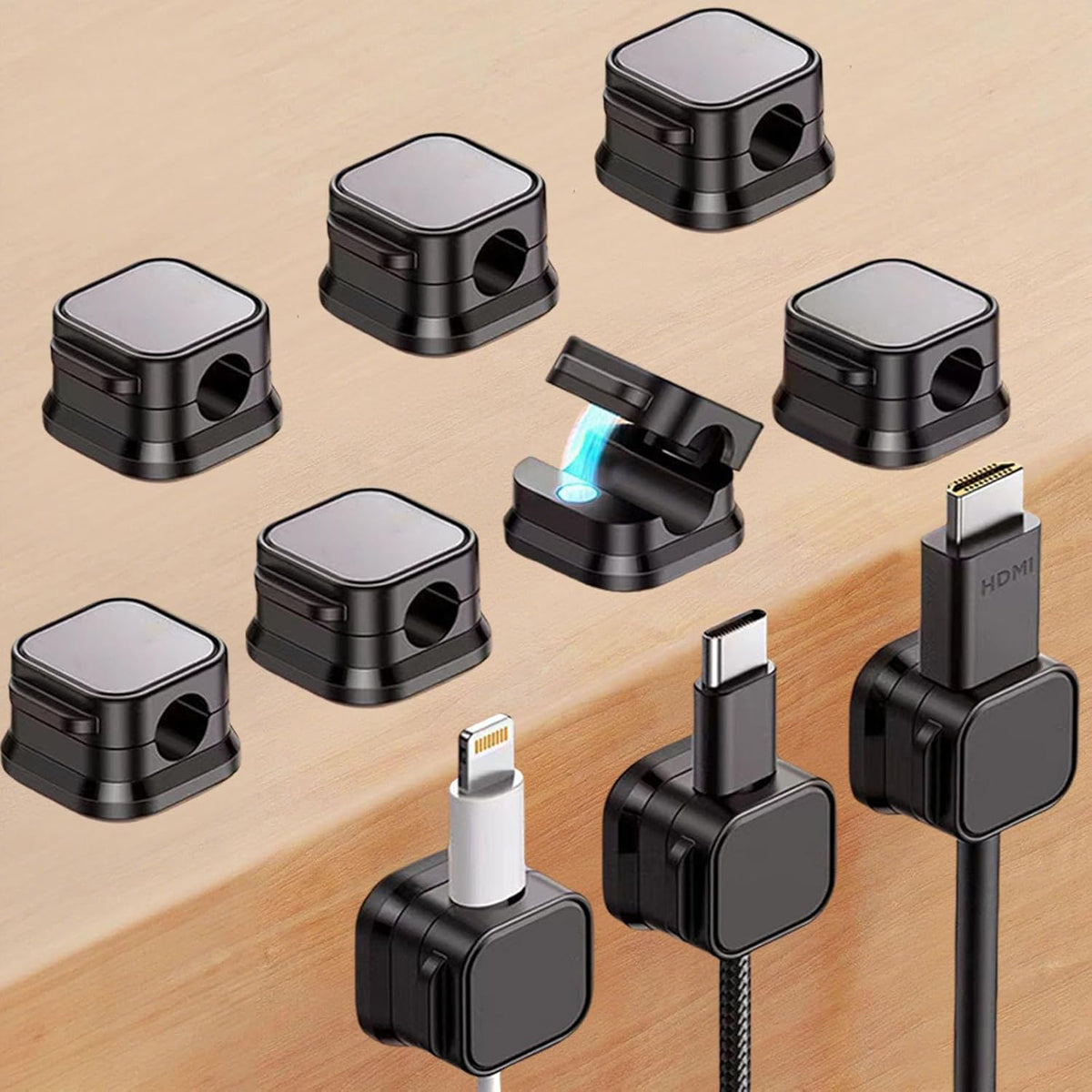10 Pack Cord Organizer, Magnetic Cord Holder, Cable Clips for Desk, Adhesive Cable Management Wire Keeper for Nightstand, Home, Office, Desktop, Car, Wall (Black)