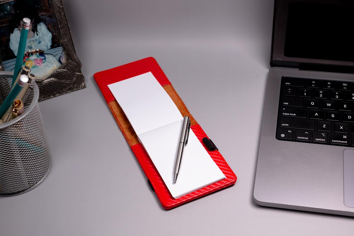 LaserGram Mini Padfolio with Notepad and Pen, Flag of The United States, Personalized Engraving Included (Carbon Fiber Red)