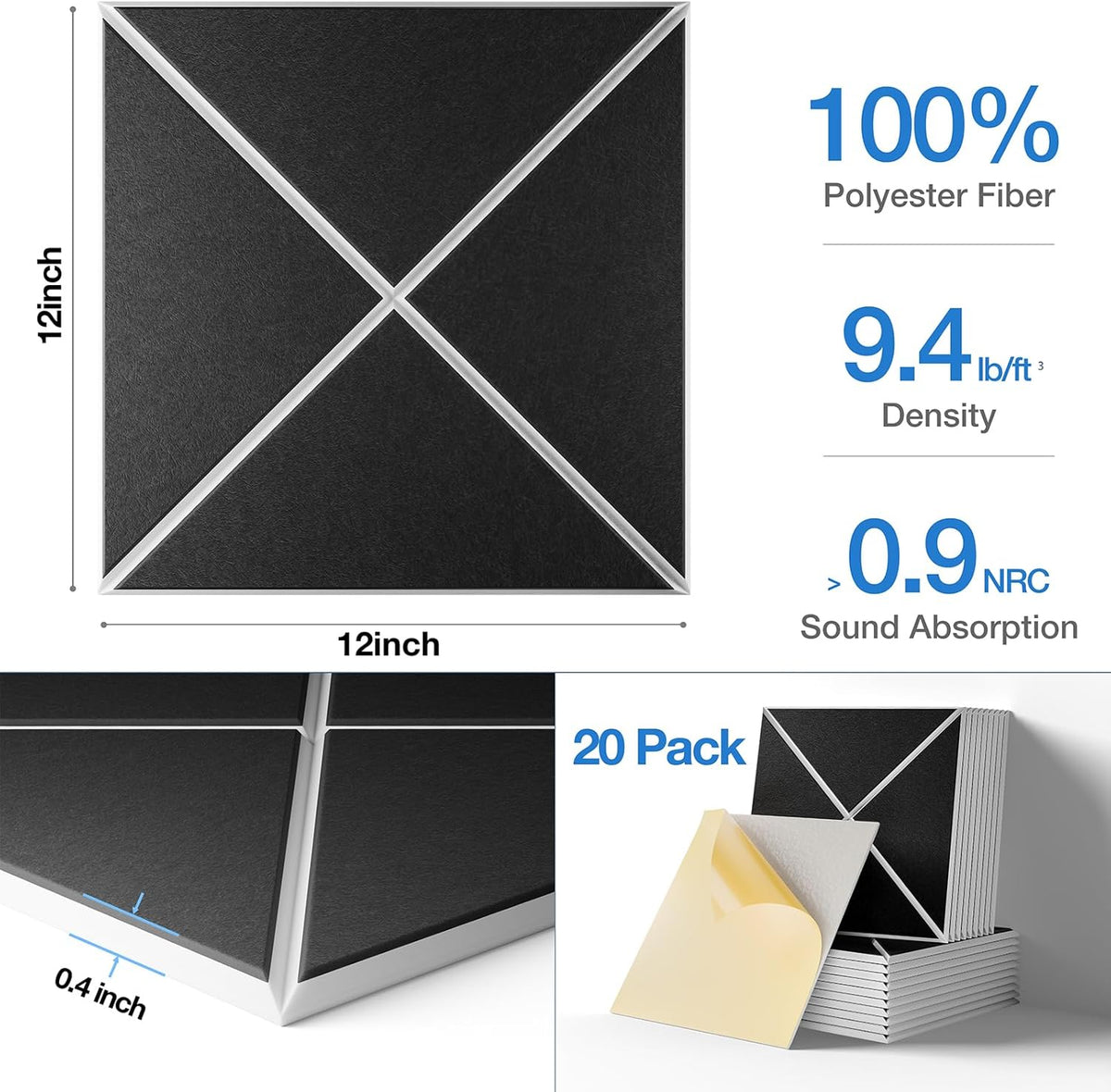 Sonicism 20 Pack X-Lined Acoustic Panels with Self-Adhesive, 12" X 12" X 0.4" Sound Proof Foam Panels, Decorative Soundproof Wall Panels, Sound Proofing Panels for Home & Office (WhiteBase+BlackFace)