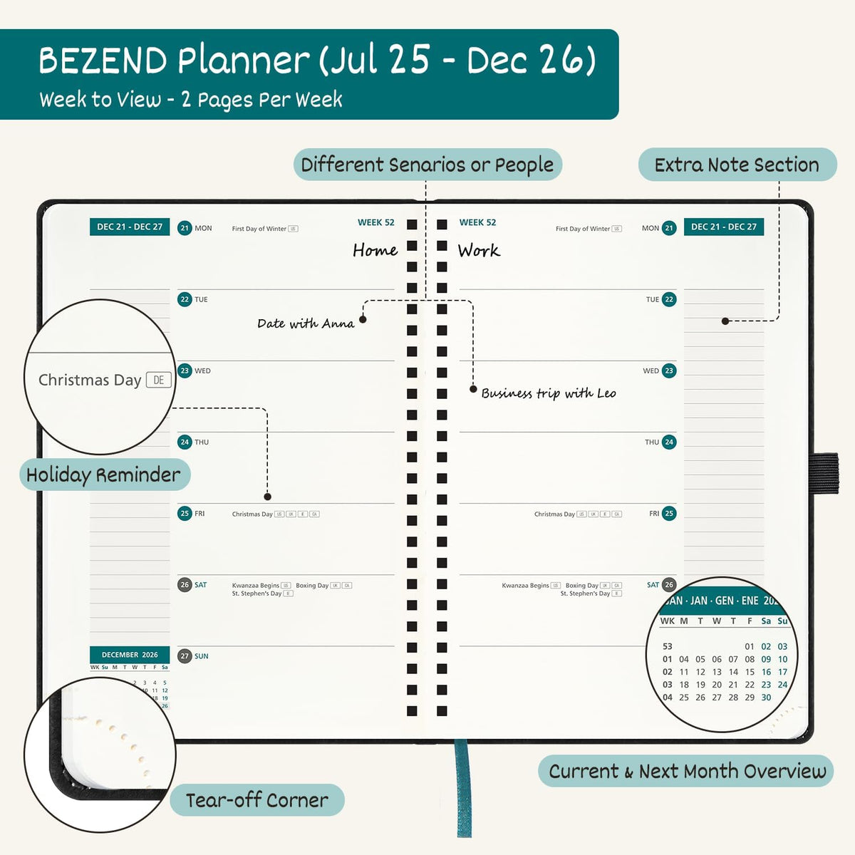 BEZEND Weekly Planner 2025-2026 with 2 Columns, 5.8" x 8.5" Academic Calendar 18 Months (Jul 25-Dec 26) Life Work Appointment Book with Monthly Tab, PU Leather Softcover Spiral - Dutch Blue