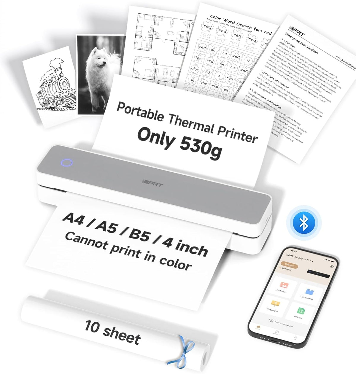 iDPRT MT610 Portable Thermal Printer, Mobile-Travel-Printers, Inkless-Wireless-Small-Printer for Home Use, Office, Vehicles, Bluetooth Printers Supports 8.5" x 11" US Letter & A4 & A5 Size