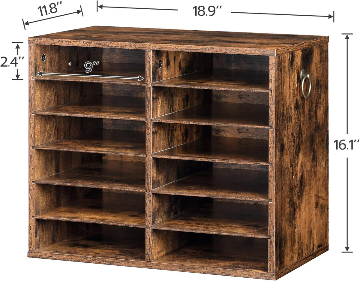 HOOBRO Literature Organizers, 12 Compartments Office Mailbox with Adjustable Shelves, Wood Countertop Literature Sorter for Office, Home, Classroom, Mailrooms Organization Rustic Brown FG12WF01
