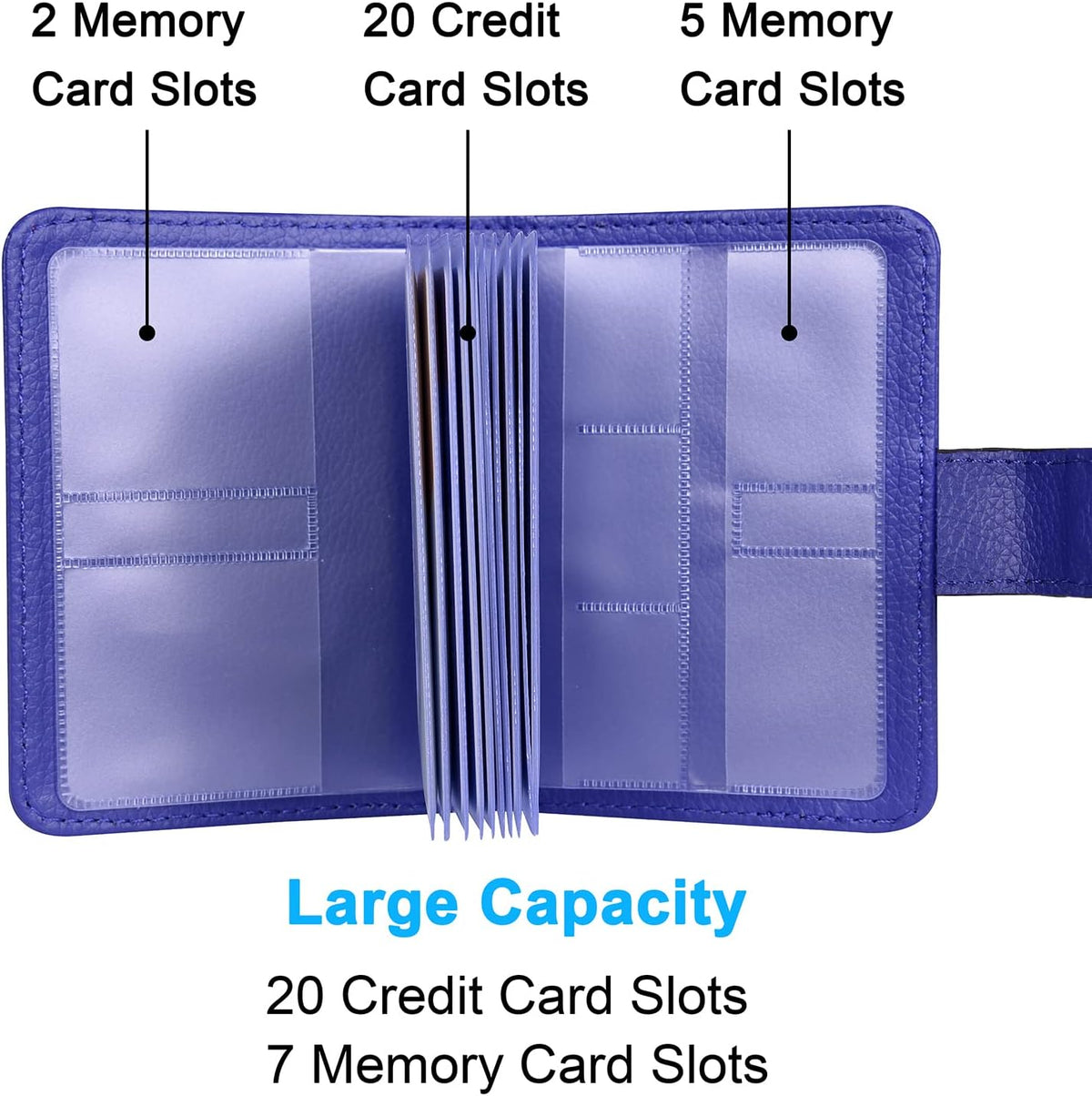 Wisdompro Credit Card Holder, PU Leather Slim RFID Blocking Debit Card Protector Wallet Organizer Case with Magnetic Shut (Build in 20 Card Slot & 7 Small Cells for Memory Cards)-Vertical Blue