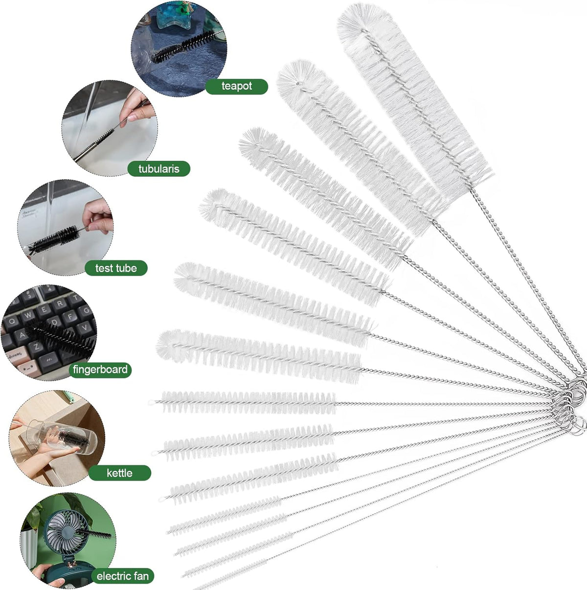 CiaraQ Bottle Cleaning Brushes, 8 Inch Nylon Tube Brush Set, Cleaner for Narrow Neck Bottles Cups with Hook, Set of 13pcs, White
