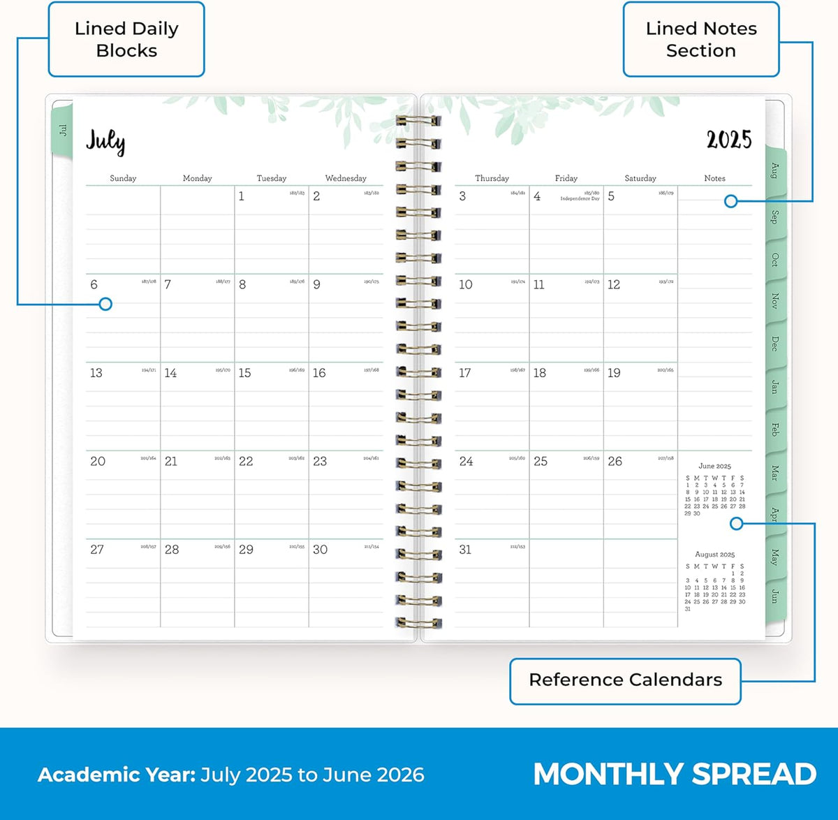 Blue Sky 2025-2026 Weekly and Monthly Academic Year Planner Calendar, July 2025 - June 2026, 5" x 8", Flexible Cover, Wirebound, Laminated Tabs, Laurel