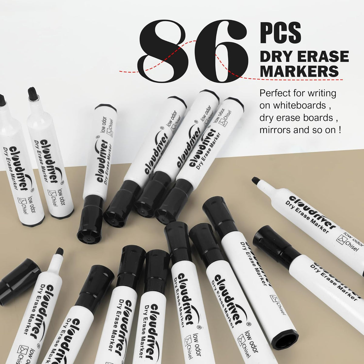 cloudriver Low Odor Dry Erase Markers Tank Style, 86 Count, Chisel Tip, Black Whiteboard Markers, Bulk Dry Erase Marker For Office, home and School Supplies