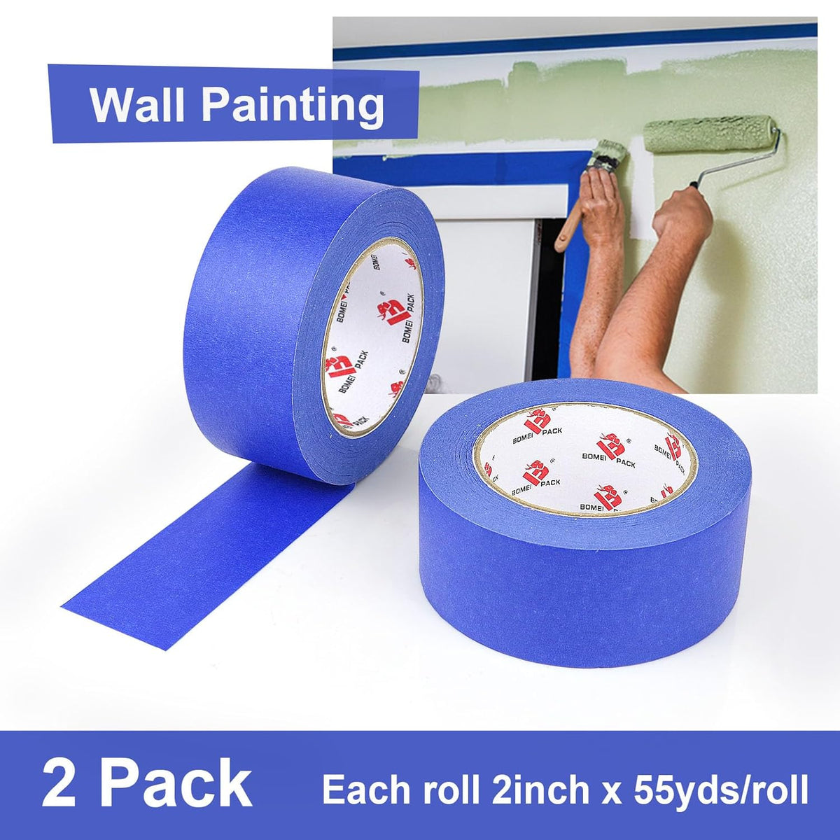 BOMEI PACK 2 Inch Blue Painters Tape, 2 Pack Paint Blue Masking Tape 2 inch x 55 Yards for Walls Painting, Labeling, DIY Crafting, Decoration and School Projects