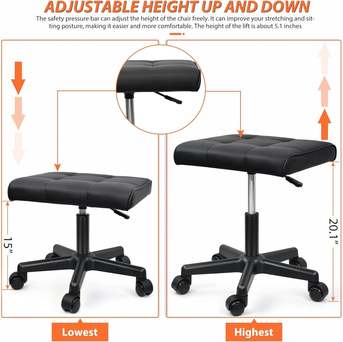 Footrest Under Desk Leg Rest Ottoman Adjustable Height Foot Stool with Wheels Leather Footrest for Home Office