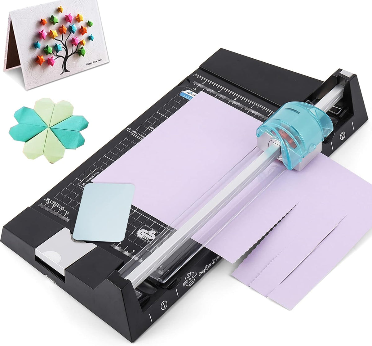 12 Inch Rotary Paper Cutter Heavy Duty, Paper Trimmer with 4 Different Blades for Straight/Wave/Dotted/Creasing Line, Suitable for Cutting Paper Coupons Photos Postcards Scrapbook