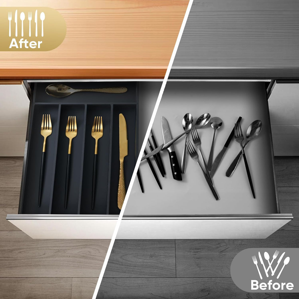 Silverware Organizer, 2 Pack 10 Inch Utensil Organizer Kitchen Drawer Organizer Bamboo Silverware Holder Cutlery Tray Organizer in Drawer Flatware Organizer Tray(5 slots, Black）