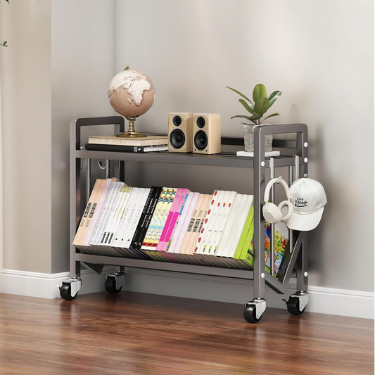 Bookshelf Movable Book Cart Multi-Layer Storage Rack Large-Capacity Rolling Cart L-Shaped Carbon Steel Shelf Suitable for Storing Books, Magazines, Newspapers, Shoes