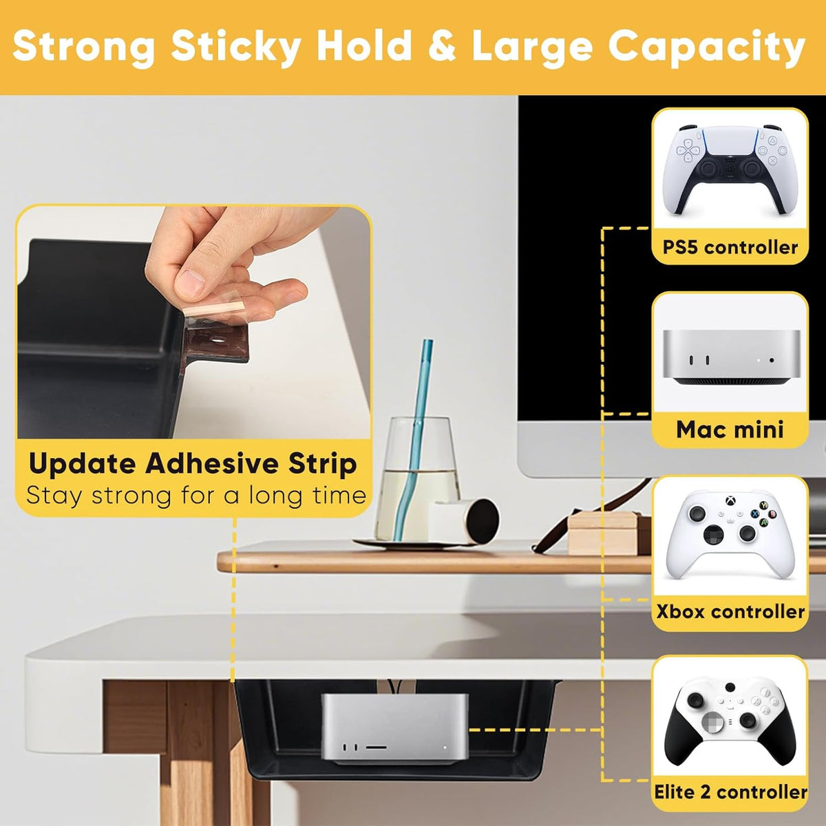 2 Pack Under Desk Hanging Shelf Drawer Organizer, Attachable Plastic Hidden Storage Tray, Easy Adhesive Mount Holder for Standing Tables, Office, Counters, Cabinets, Workstations - Black