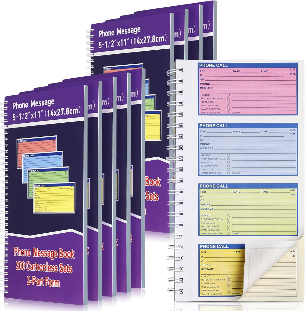 Sinmoe 10 Pcs Spiral Bound Phone Message Book with Carbon Copy 5-1/2" x 11" 2 Part Colorful Carbonless Telephone Message Pads Duplicate Spiral Phone Call Log Book for Business Office (Purple,Blue)