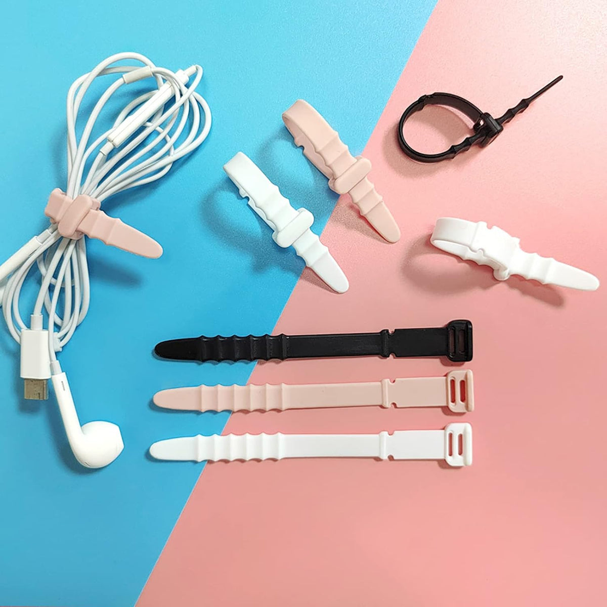 Silicone Zip Ties, Reusable Zip Ties, 20pcs Rubber Cable Ties Straps for Wire Management, Elastic Cable Organizer for Home Office Table Desk. 4.5” Cord Ties in White, Black, Pink, Purple and Blue