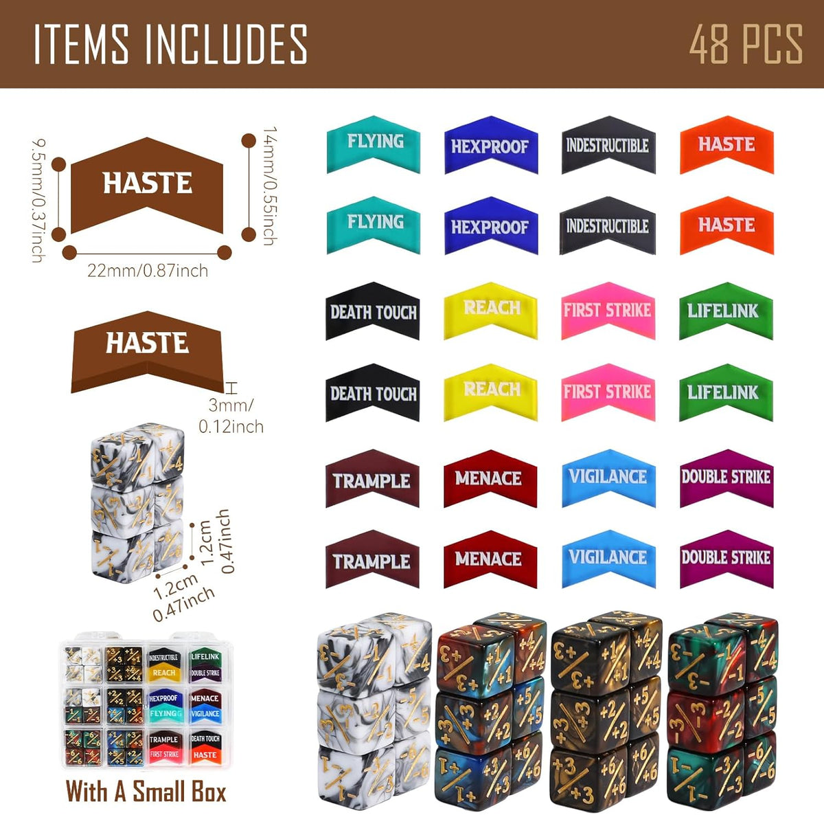 48PCS 12mm MTG Dice Counters & Tokens for Magic The Gatering, MTG Abilities Keyword Buff Tokens Plus 1 Life Counters Loyalty Dice, Compatible with TCG CCG Magic Card Gaming Accessories