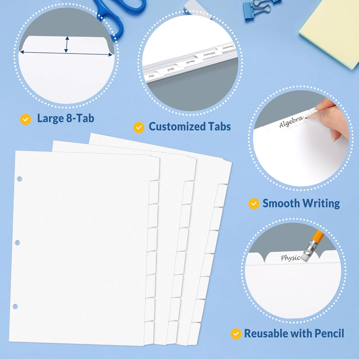 SUNEE Binder Dividers with Tabs for 3 Ring Binder, 8.5 x 11 Paper White Binder Dividers Blank with 8 Tabs, 4 Sets Page Dividers for School, Office and Home, 32 Dividers